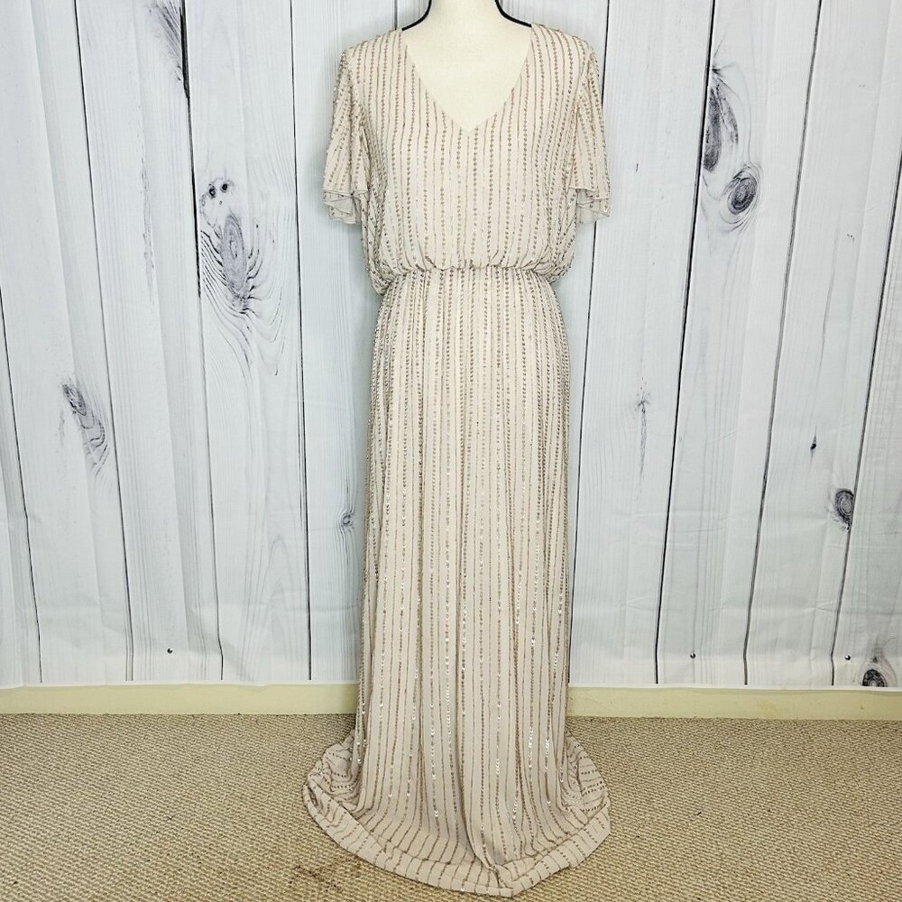 Show Me Your MuMu Sz L Michelle Flutter Dress Gown Show Me the Ring Beaded Beige
